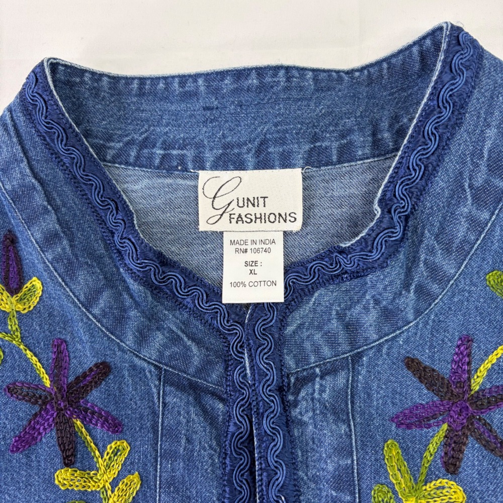 VTG Embroidered Denim Jacket Women XL Floral Boho Cottagecore Open Front Jean - Picture 5 of 10